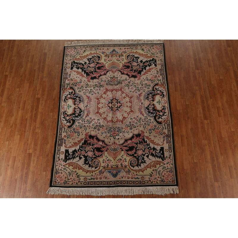 Hand Knotted Oriental 100% Wool Carpet Traditional Floral Brown Aubusson Area Rug - 8' 10'' X 6' 5''