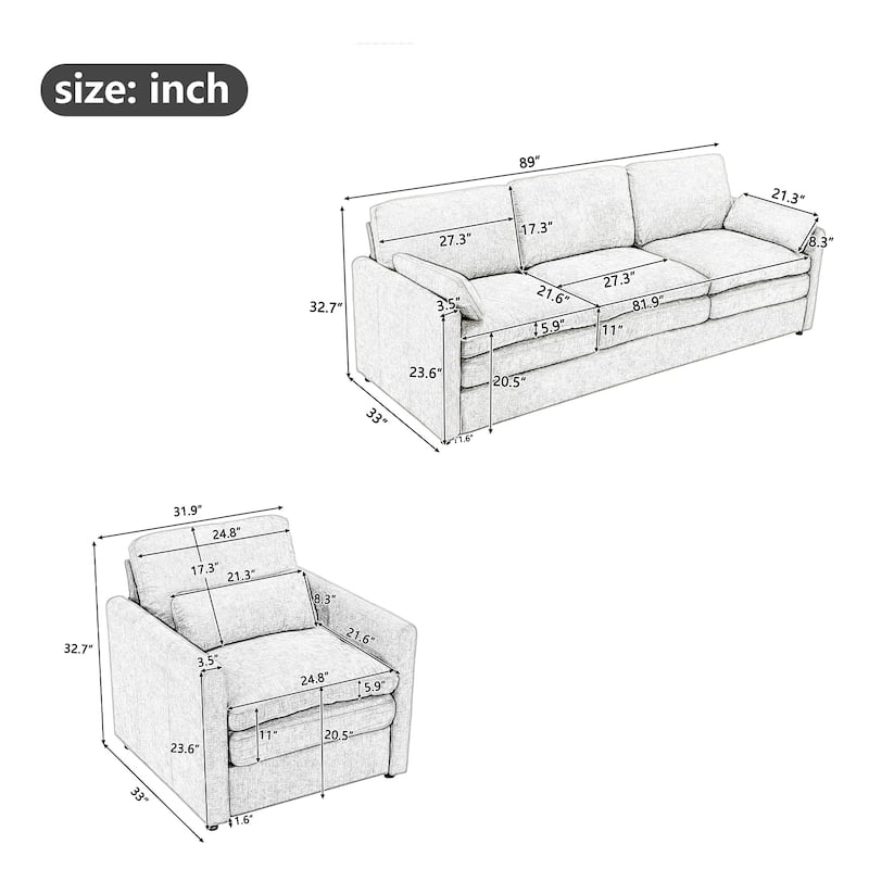 3-Piece Chenille Sofa Set with Oversized Cushions and Lumbar Pillows by Harper&Bright Designs