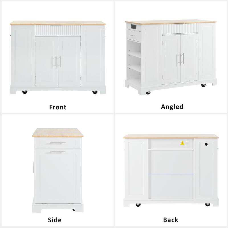 48.50'' Fluted Kitchen Island with Power Outlet, Rolling Wheels, 3 Drawer, 3 Open Side Racks and 10 Gallon Garbage Bin