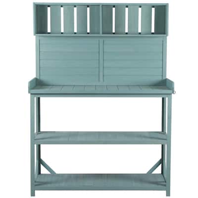65-Inch Large Rustic Farmhouse-Style Wooden Outdoor Potting Bench, Patio Workstation With 4 Storage Shelves And Side Hook.