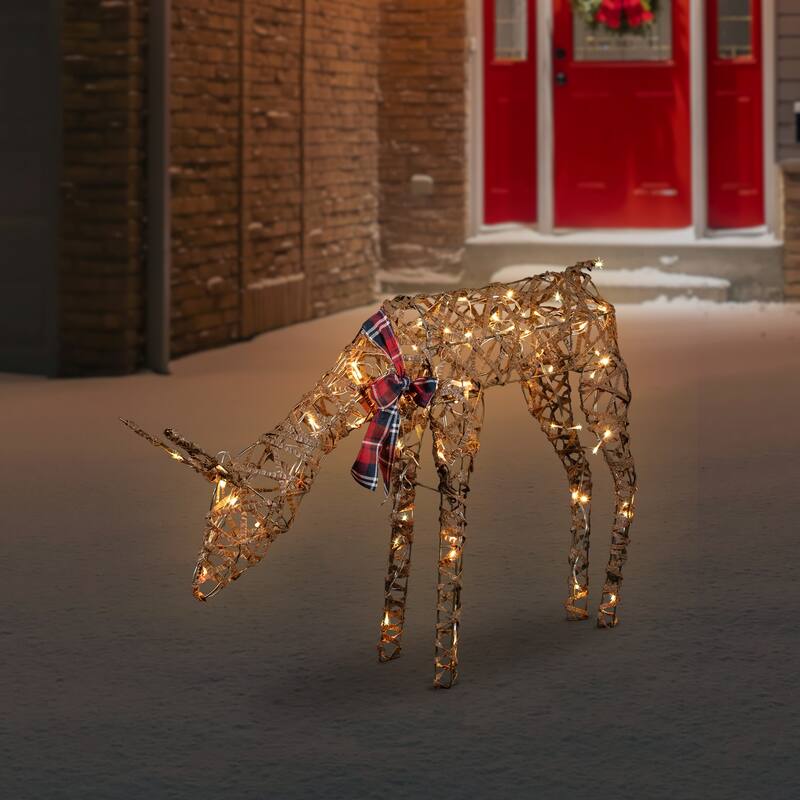 35" LED Lighted Feeding Rattan Reindeer Outdoor Christmas Decoration - Brown