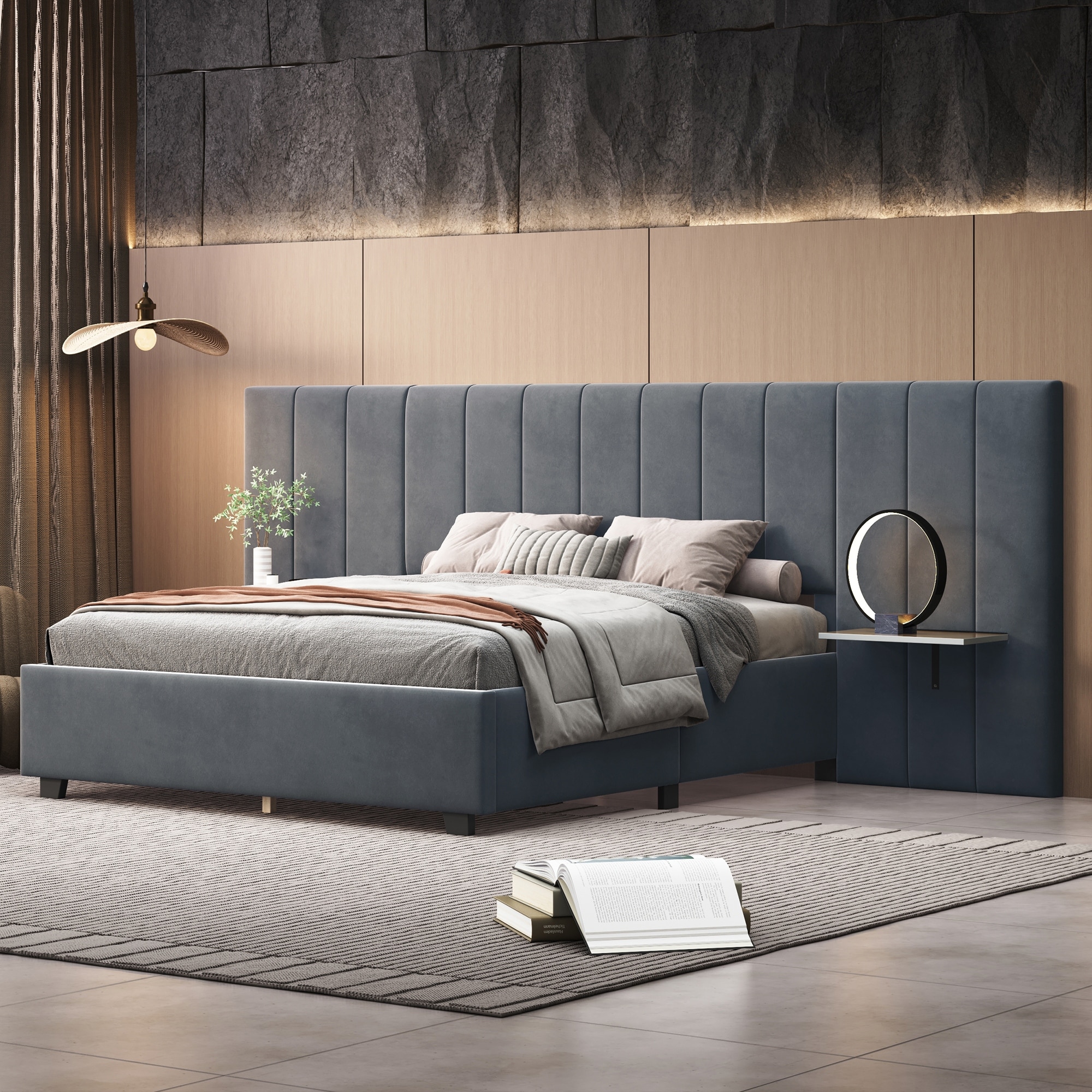 Grey large headboard bed discount