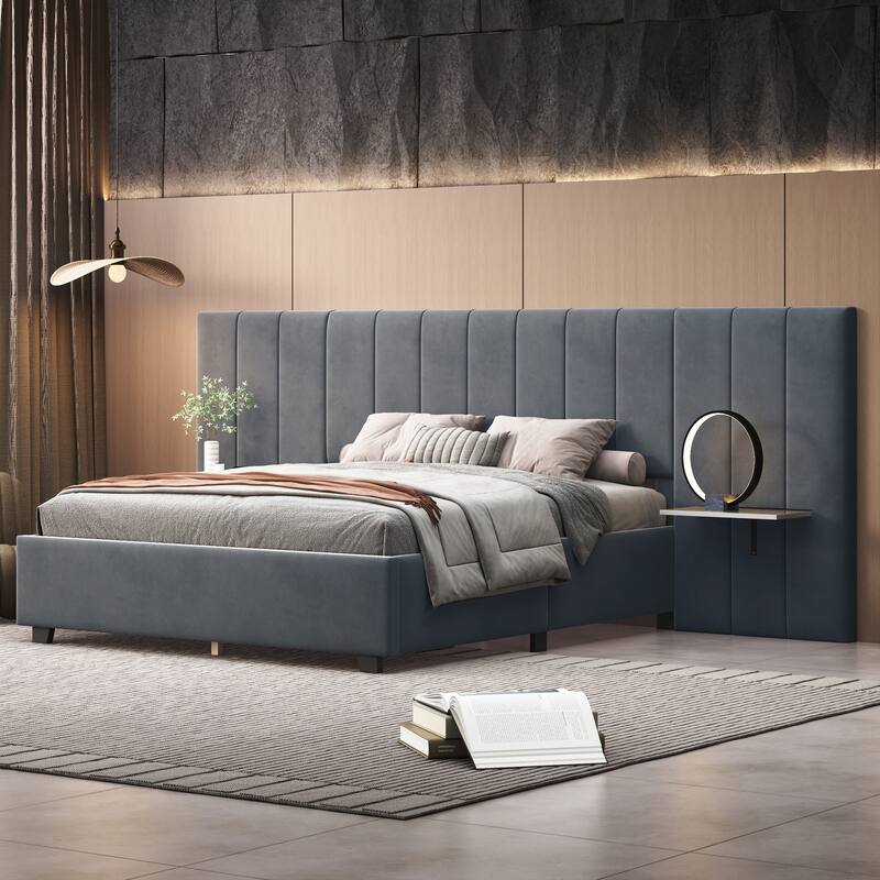 Platform Bed with Oversized Headboard, 2 Shelves, Velvet
