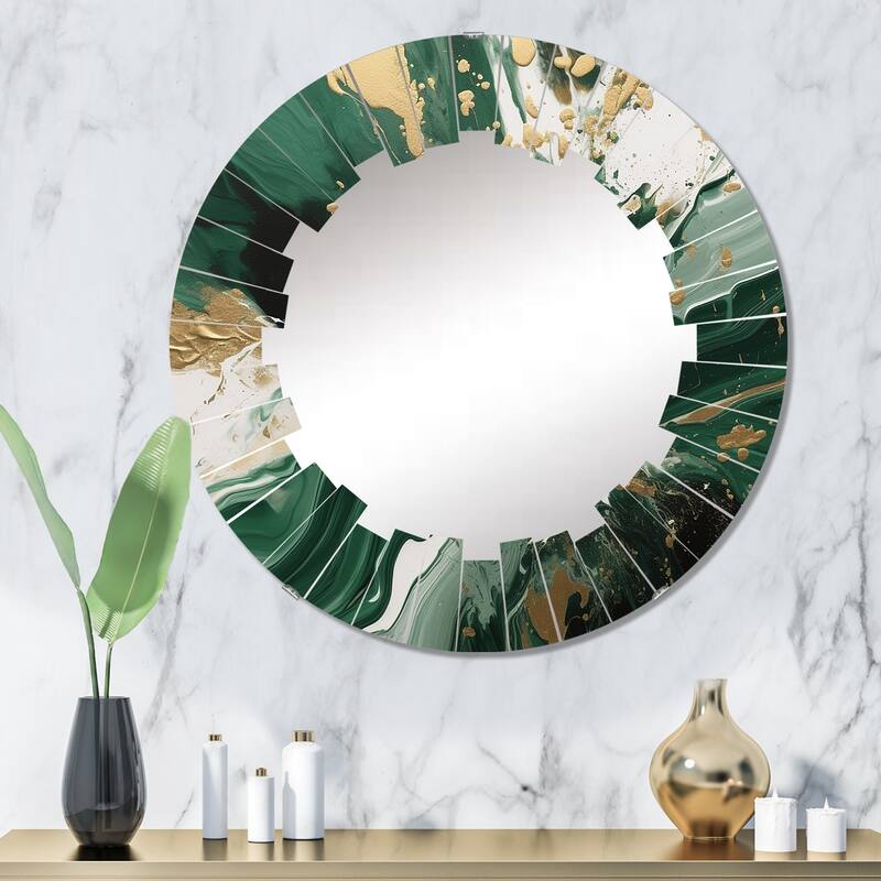 Designart "Green and Gold Liquid Magic I" Abstract Modern Wall Mirror - 32in.x32in.