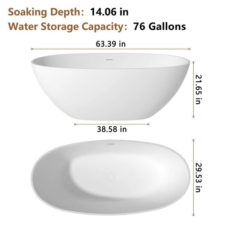 CASAINC Soaking Bathtub Solid Surface Stone Bathtub with Center Drain in Matte White