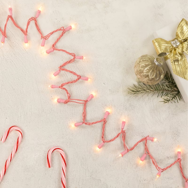 50-Count Clear Mini Christmas Light Set - 10' Pink Wire