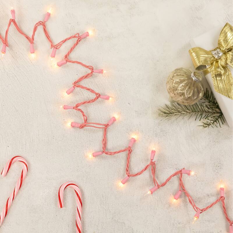 50-Count Clear Mini Christmas Light Set 10ft Pink Wire - 10'