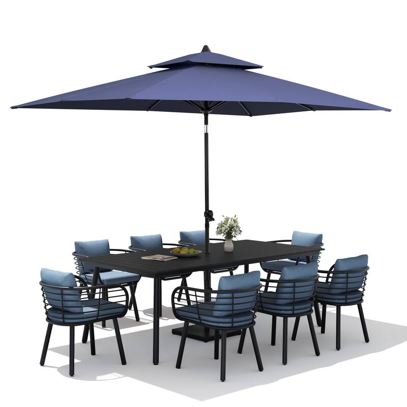 11PC Outdoor Patio Dining Set Aluminum Table with Sunbrella Cushion Chairs w/ Market Umbrella Sets