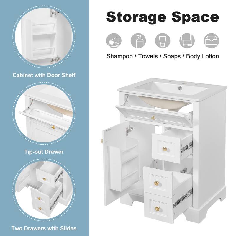 24" Bathroom Vanity with Sink - MDF & Pinewood, 3 Drawers & Cabinet with 2-Tier Door Rack, Soft-Close