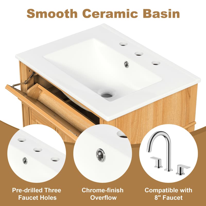 24" Bathroom Vanity with Ceramic Sink, Wood Cabinet with Flip-Out Drawer, Soft-Close Drawers and Door