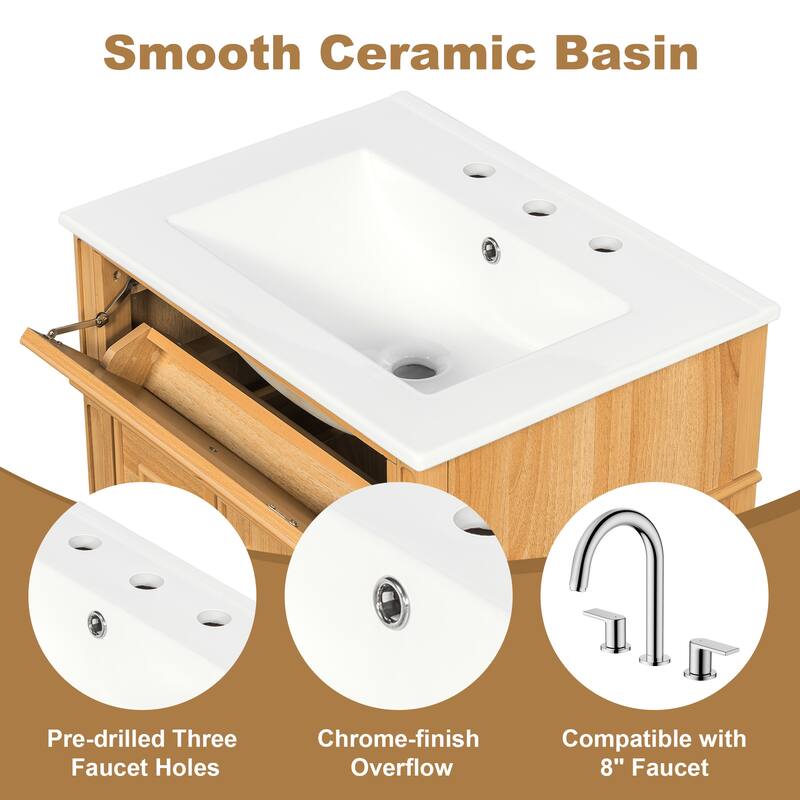 Roomfitters 24" Bathroom Vanity with Sink, Solid Wood Frame, Flip-Out Drawer, 2 Soft-Close Drawers & Door, Wood