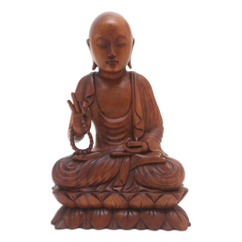 Novica Handmade Praying Buddha Wood Sculpture