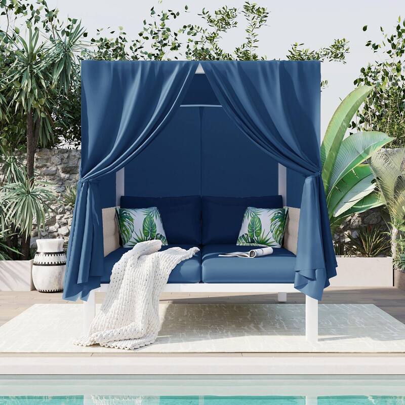 Outdoor Patio Sunbed with Curtains, High Comfort, Suitable