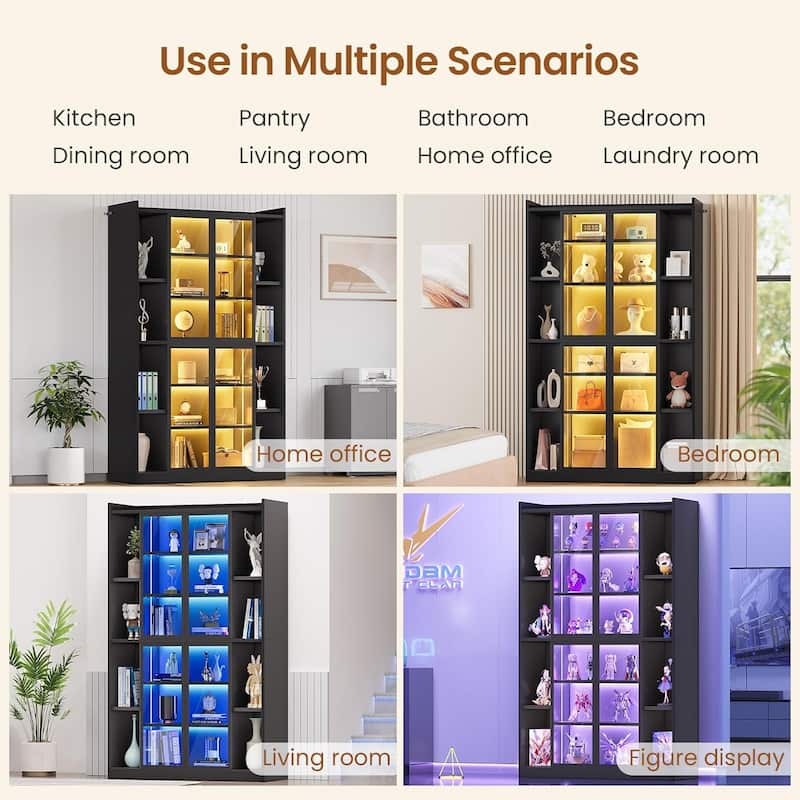Display Cabinet Glass Doors 6 Tier Tall Bookcase LED Lights Curio Cabinet Adjustable Shelves