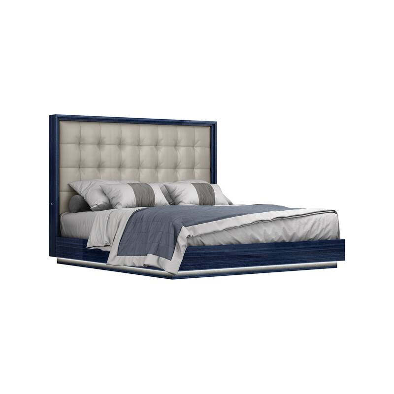 HomeRoots Blue and Gray Wood And Tufted Faux Leather Lighted King Bed Frame