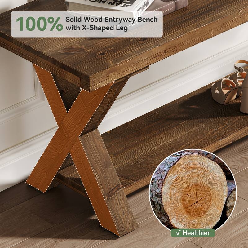 43.3 Inch Farmhouse Solid Wood Entryway Bench with Storage