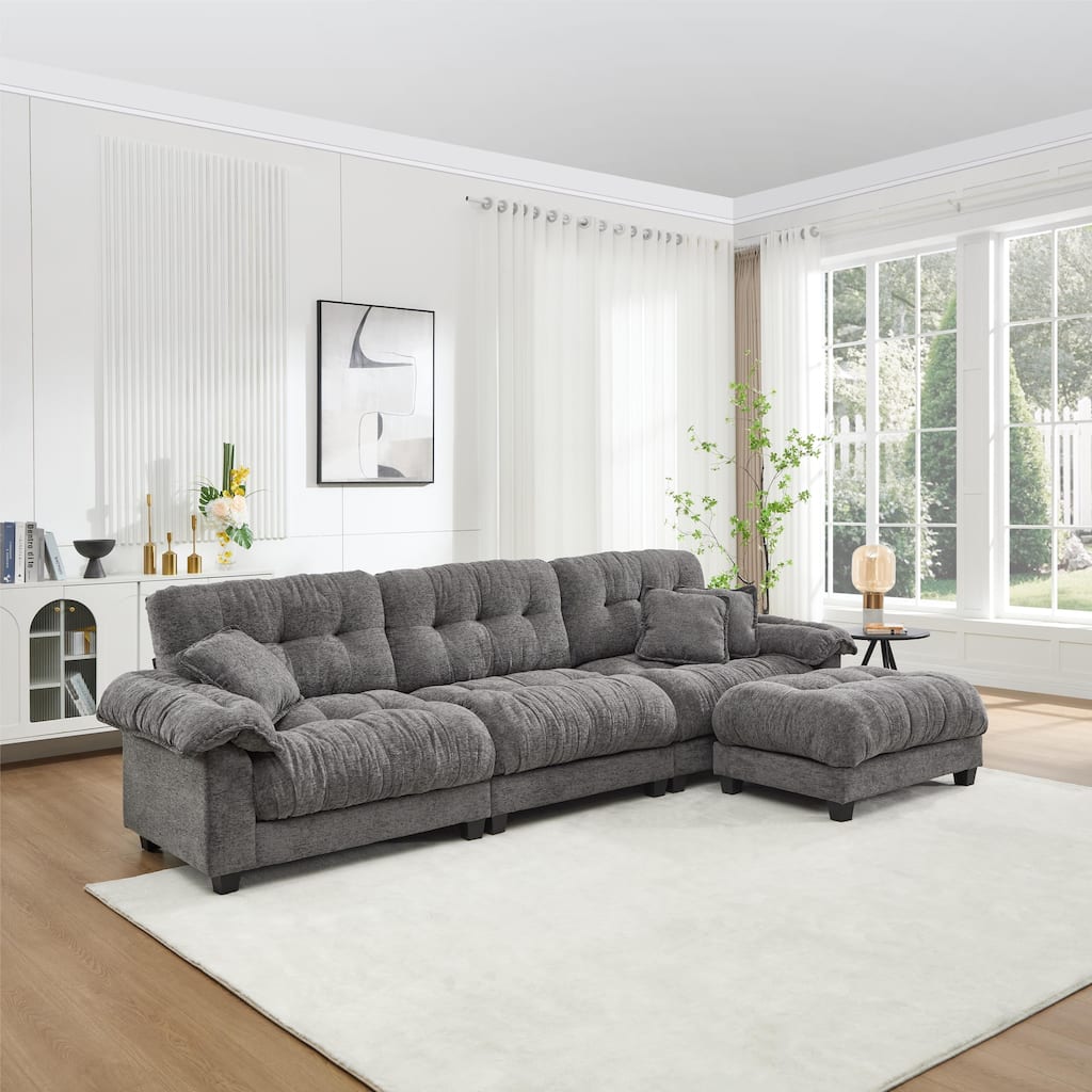 123.62" Modular Sofa L Shaped Chenille Sectional Sofa, 3 Seater Straight Row Sofa with Movable Ottoman for Living Room
