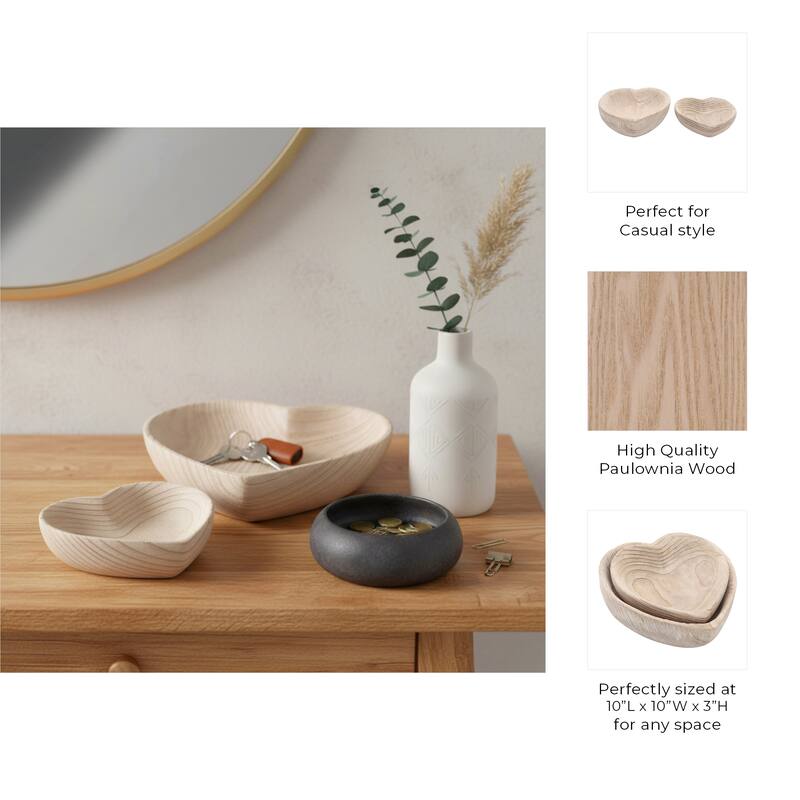 Sagebrook Home Handcrafted Paulownia Wood Decorative Bowls, Heart-Shaped Nesting Design, Set of 2 - 10" x 10" x 3"