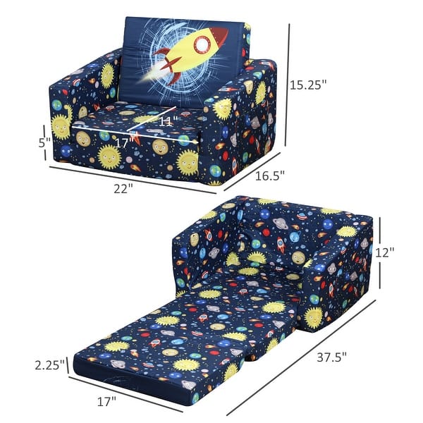 dimension image slide 1 of 2, Qaba Kids Fold-Out Couch/Chair Lounger with Space-Themed Washable Fabric & Removable Cushion for 3-6 Years Old