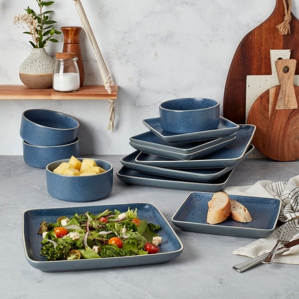 MALACASA Dinnerware Sets for 6, 26 Piece Porcelain Square Plates and Bowls  Sets, Blue Dish Set with Dinner Plates Set, Dishes, Bowls and Serving