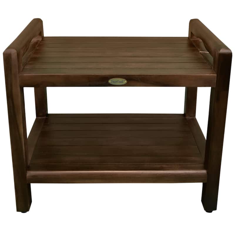 DecoTeak Eleganto 24 inch Extended Height Teak Shower Stool With LiftAide Arms And Shelf - WoodLand Brown Finish