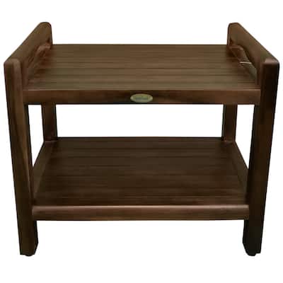DecoTeak Eleganto 24 inch Extended Height Teak Shower Stool With LiftAide Arms And Shelf - WoodLand Brown Finish