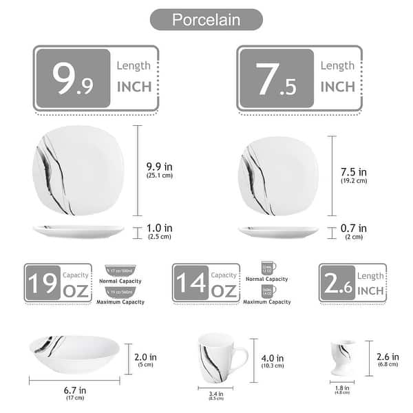 dimension image slide 8 of 9, VEWEET 20-Piece White Porcelain Dinnerware Set (Service for 4)
