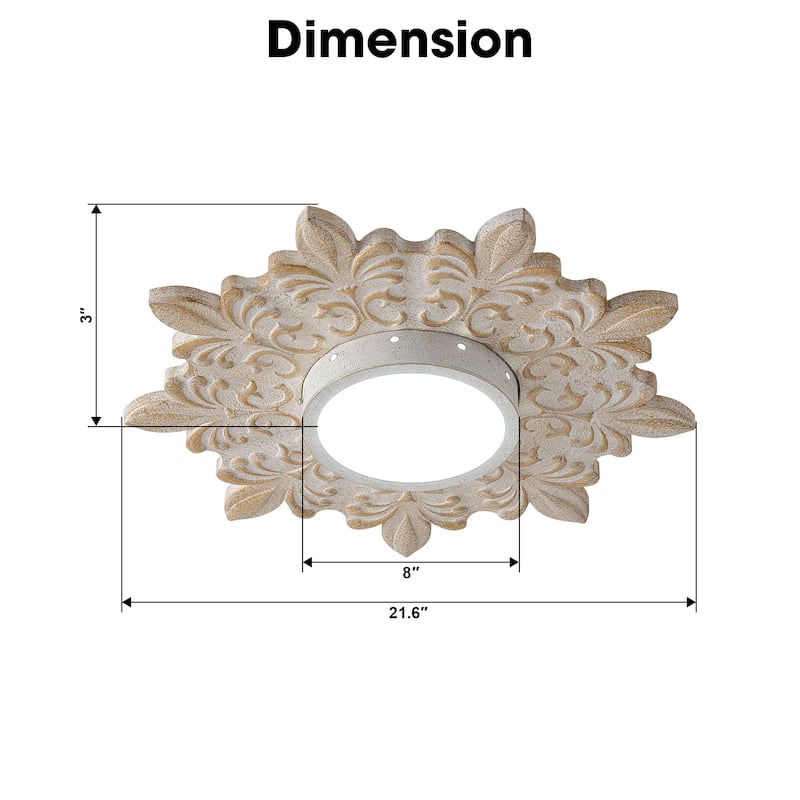 Boho 21.6-Inch Distressed White Wood Flush Mount Ceiling Light, 3CCT Dimmable - 21.6 in. D x 21.6 in. W x 3 in. H