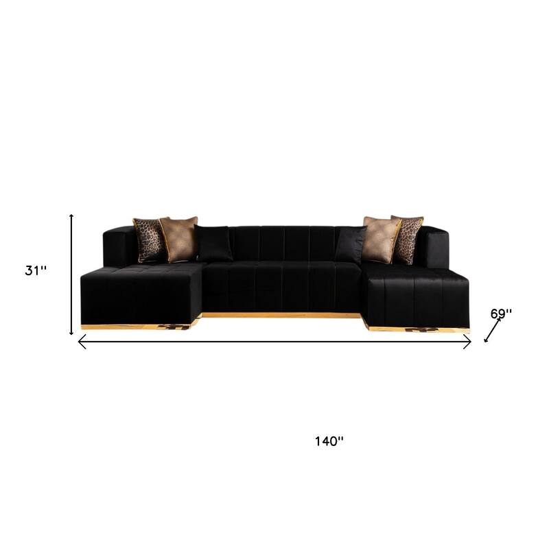 HomeRoots Black Velvet U Shaped Three Piece Sofa and Chaise Sectional With Toss Pillows