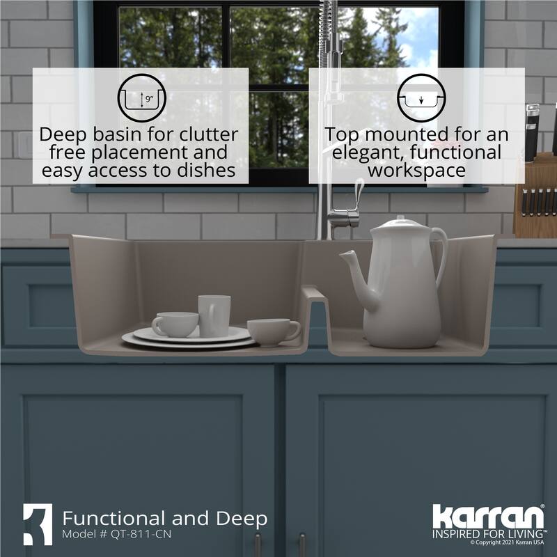 Karran 33" Top Mount Large/Small Bowl Quartz Kitchen Sink Kit - 33" x 22" x 9"