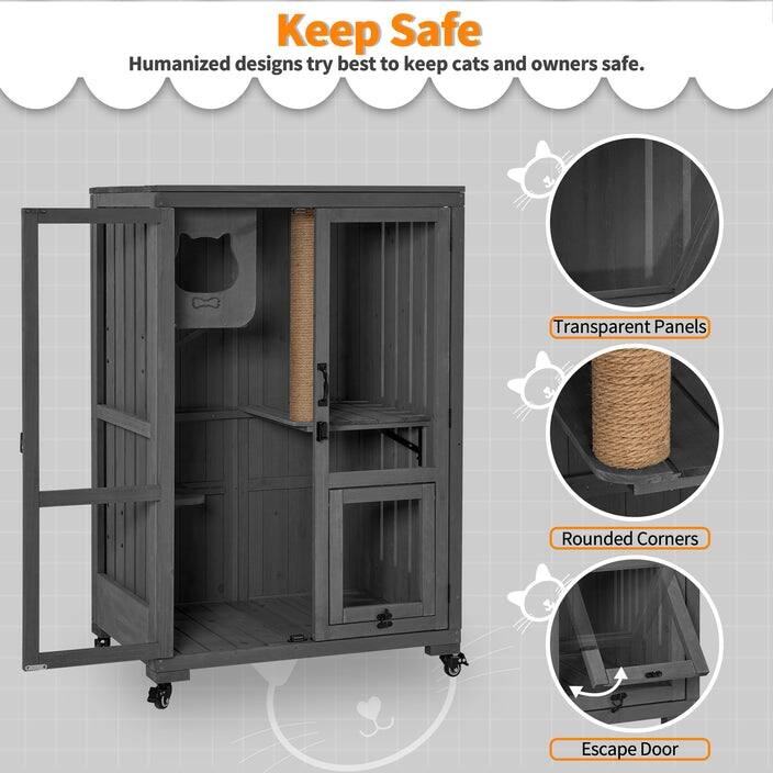 Mcombo Luxury Cat House with Scratching Post, Wooden Large Cat Villa with Wheels, Multi-Feature Cat Condo with Escape Door CT83
