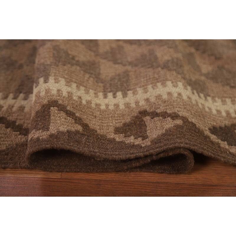 Hand Woven Oriental 100% Wool Carpet Southwestern Geometric Brown Kilim Area Rug - 9' 6'' X 6' 11''