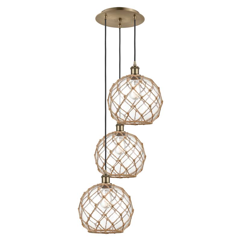Innovations Lighting Endless Possibilities Ballston - Farmhouse Rope - 3 Light 17" Cord Hung Multi Pendant - Antique Brass/Clear Glass with Brown Rope