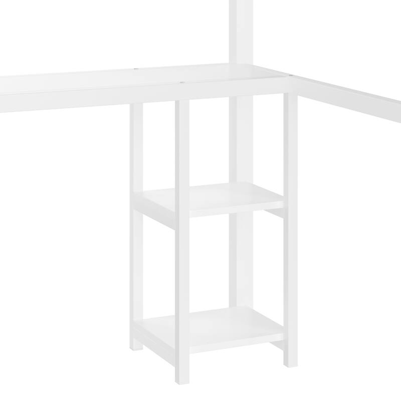 Modern Queen Size Metal Loft Bed with Built-in Wardrobe, Desk and Open Shelves, Storage Bed Frame with Guardrails and Stairs