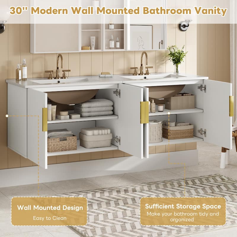 60"Vanity With Ceramic Sink,With 3 Holes Single Ceramic Sink,Storage Vanity Cabinet With 2 Soft Closing Doors