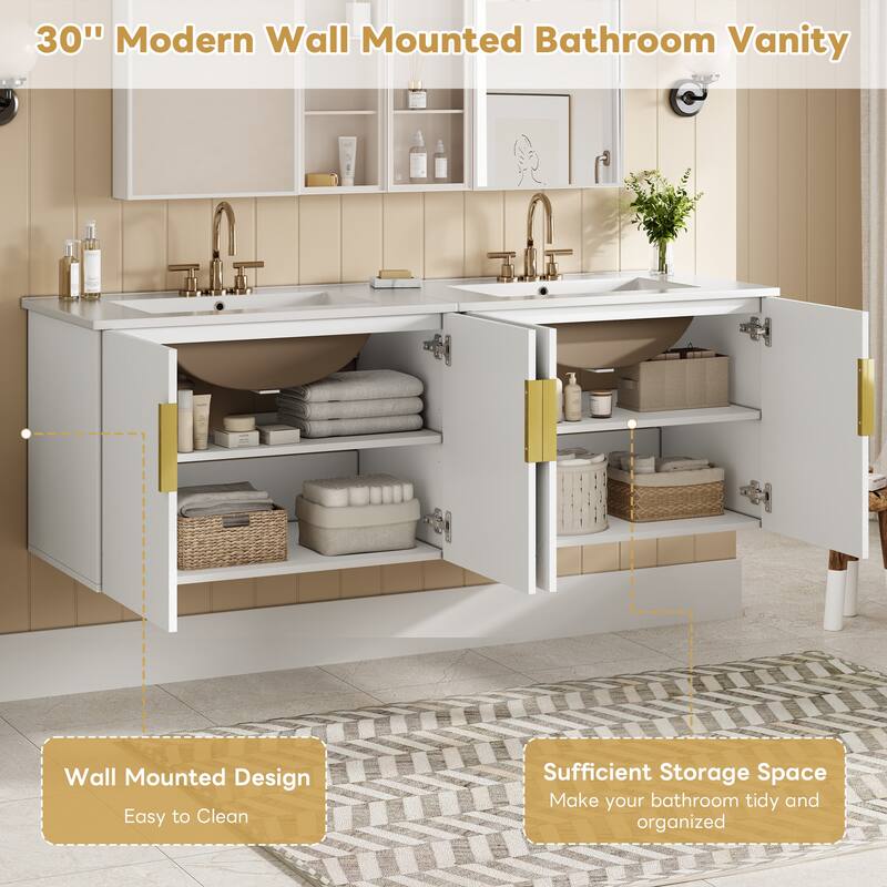 GDFStudio - Marwood Vintage Double Bathroom Vanity Set with 3 Holes Single Ceramic Sink & Soft Closing Doors - 60'W