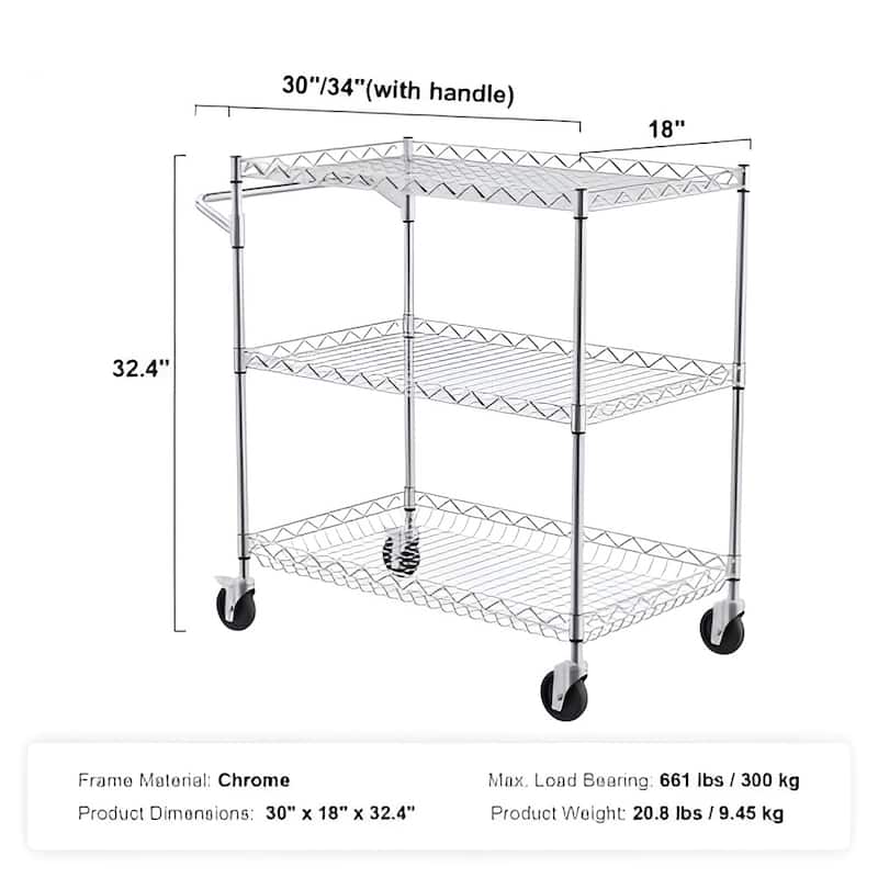 Silver Chrome Steel 3-Tier Utility Cart Rolling Cart with Wheels and Adjustable Shelves - 30" L x 18" W x 32.4" H