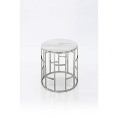 Contemporary Round Accent Table with Faux Marble Top and Silver Base for Living Room Decor - 22” x 20” x 20”