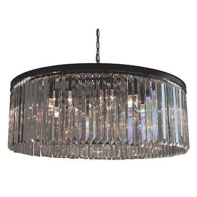 12-Light Round Clear Glass Fringe Crystal Prism Chandelier, Smoke Glass - Black