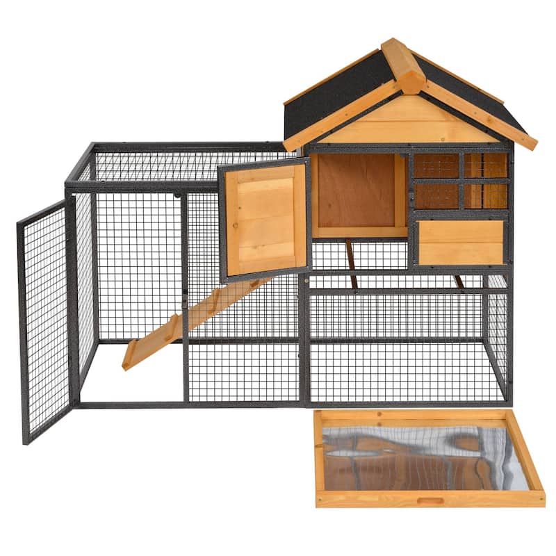 Large Wooden Bunny Hutch with Slide-Out Tray and Ventilated Wire Window for Small Animal - 48" L x 24.75" W x 36.25" H