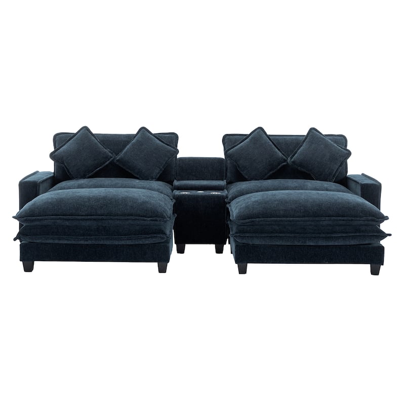 Roomfitters Chenille Sectional Sofa with 2 Ottomans, USB Ports, Cup Holders and Storage Box for Living Room