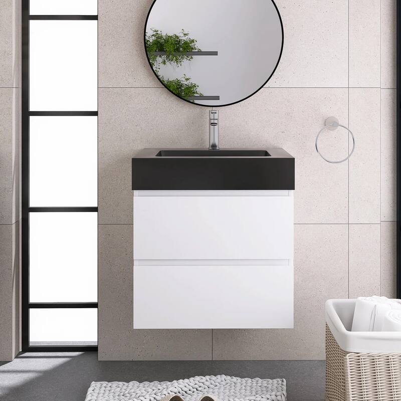 Single Sink Floating Bath Vanity in with Solid Surface Top - 24" x 18" x 25" - White+Black