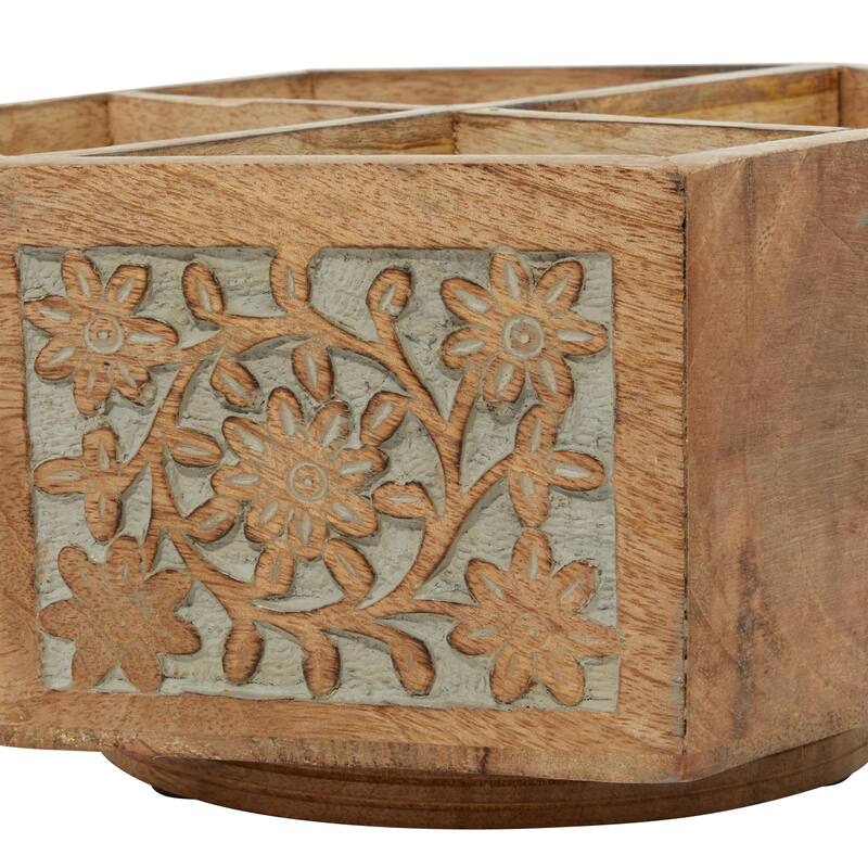 Wood Floral Intricately Carved 4 Bottle Wine Holder with Lazy Susan - Brown - Roche River Decor - 10"W x 8"L x 5"H