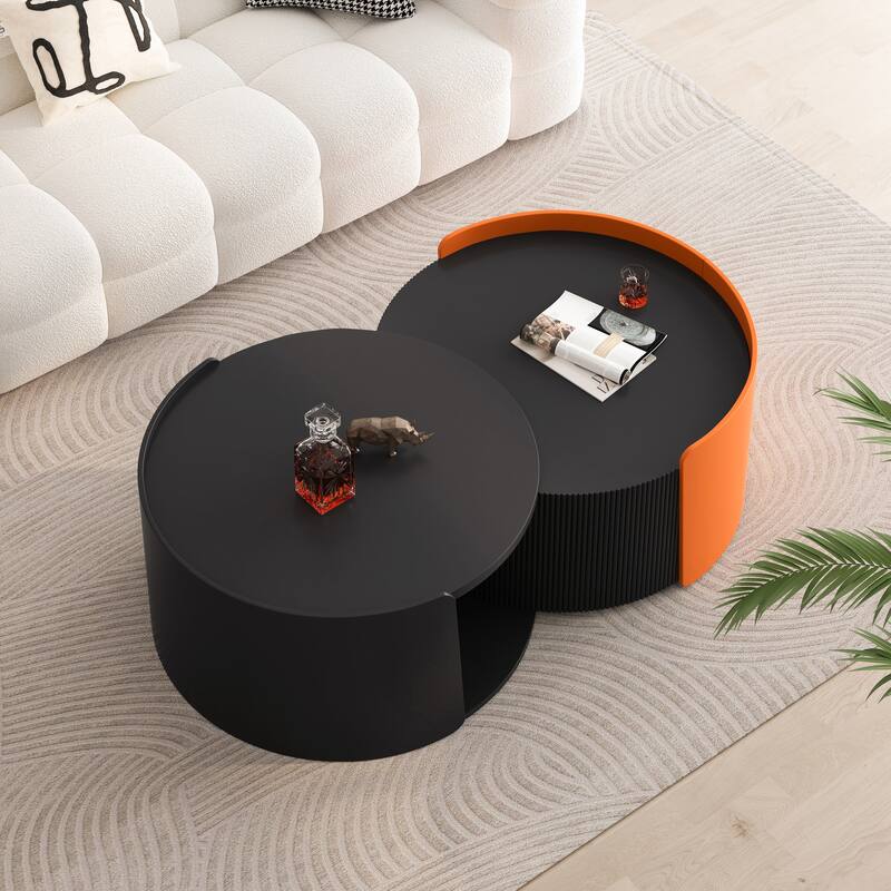 Modern Nesting Coffee Table Side Table with Retractable Sliding Tabletop and Storage Cabinet, for Living Room, Black