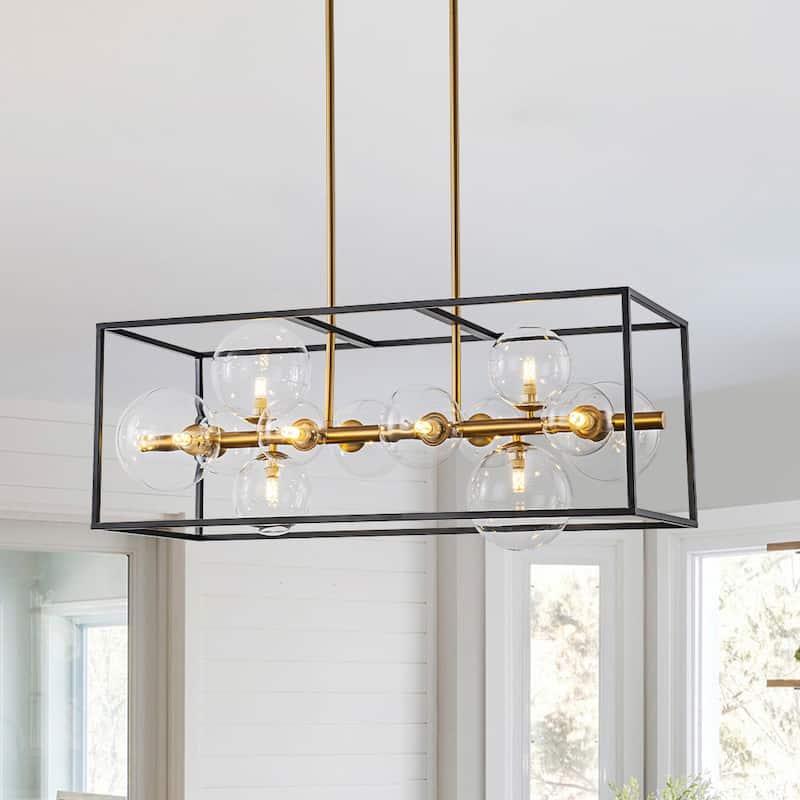 12-Light Modern Rectangle Island Chandelier With Clear Glass Globe - Black & Gold - 31.7in