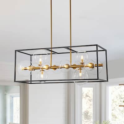 12-Light Modern Rectangle Island Chandelier With Clear Glass Globe - Black & Gold - 31.7in