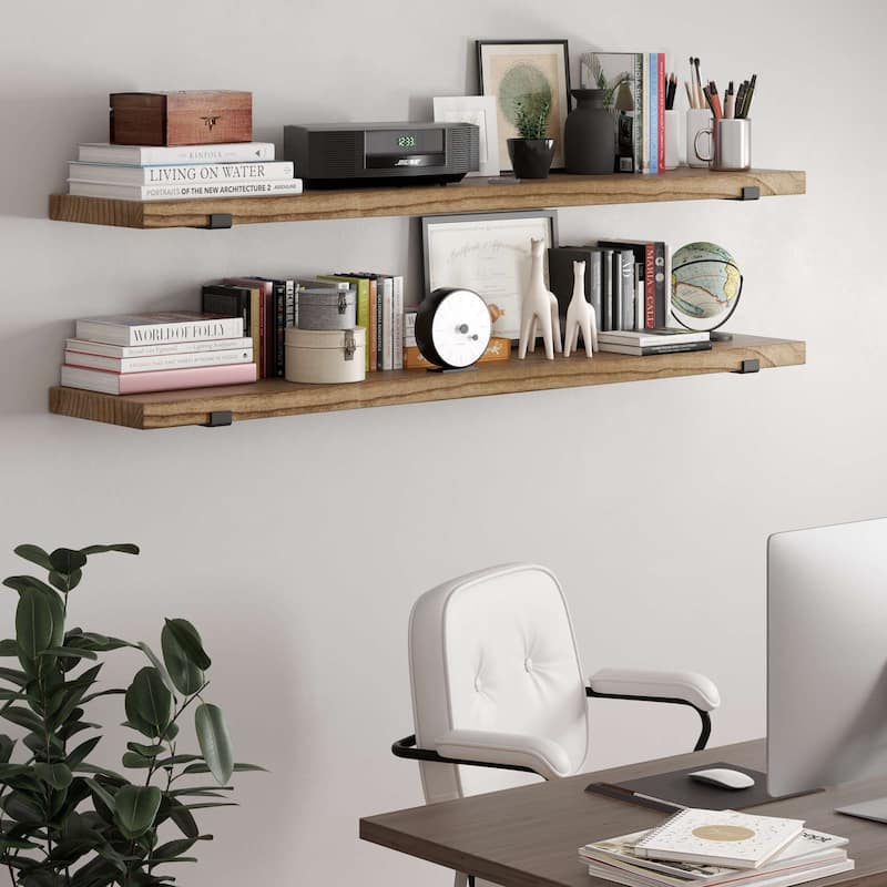Wallniture Forte 60" or 72" Long, 11.25" Deep Floating Bookshelves, Farmhouse Shelves Living Room, 1.5" Thick, Wood, Burnt, 1 Pc