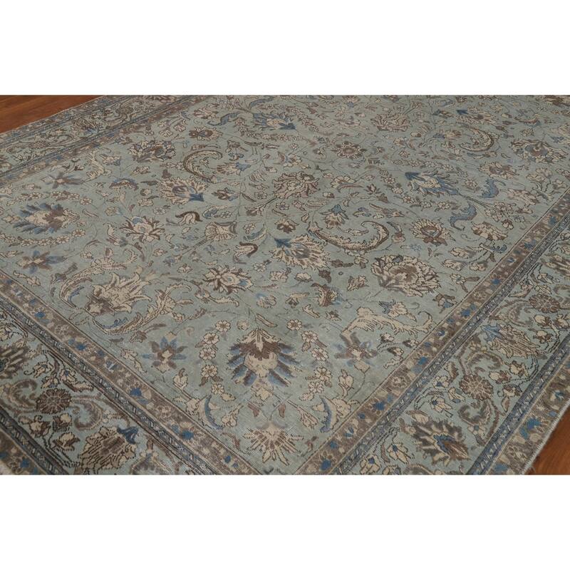 Blue Tabriz Persian Rug Hand-Knotted Distressed Floral Wool Carpet - 7'4"x 10'8"