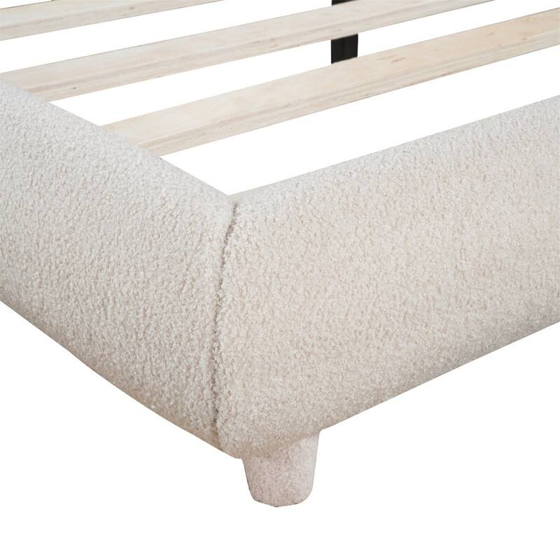 Teddy Fleece Upholstered Bed Frame with Curved Shaped Headboard, Full/Queen Size Platform Bed with Wood Slats Support