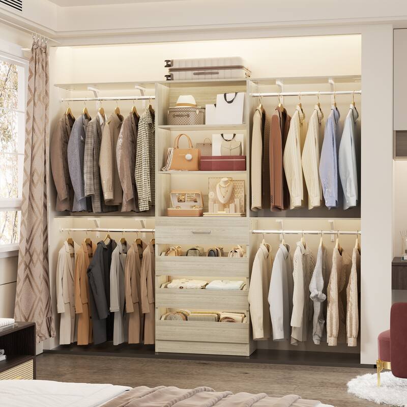 Rackcog 96'' Closet System with 4 Drawers and 4 Hanging Rods, 8FT Wood Closet Organizer for Walk-in Closet